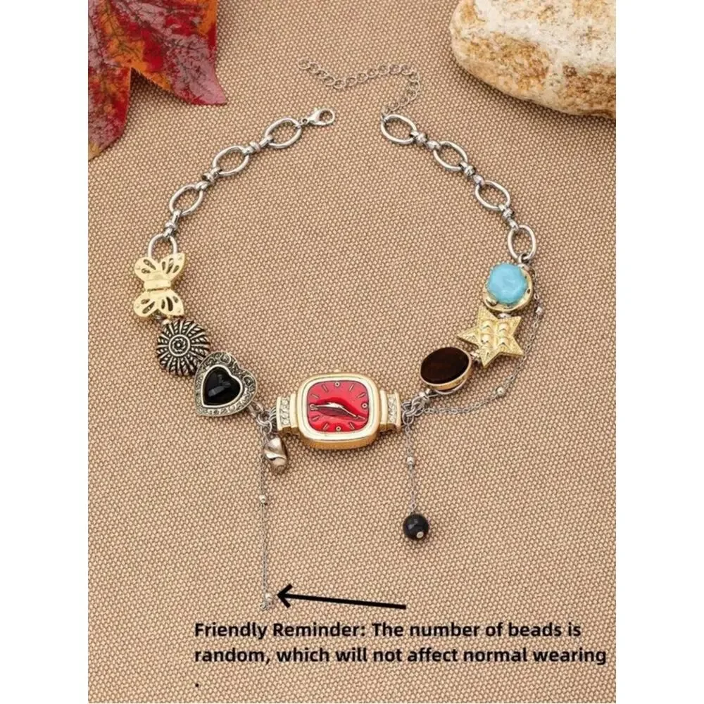 Vintage Charm Watch Necklace Red Pendant Gold Statement Choker Tarnish Proof